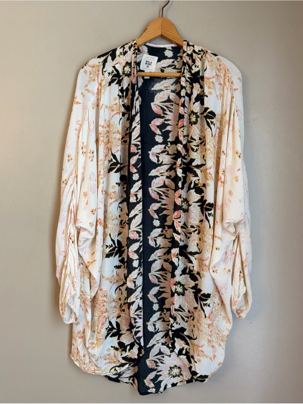 Billabong Kimono Floral Cardigan Wrap Sz S/M Black Cream Beach Fall Summer Boho